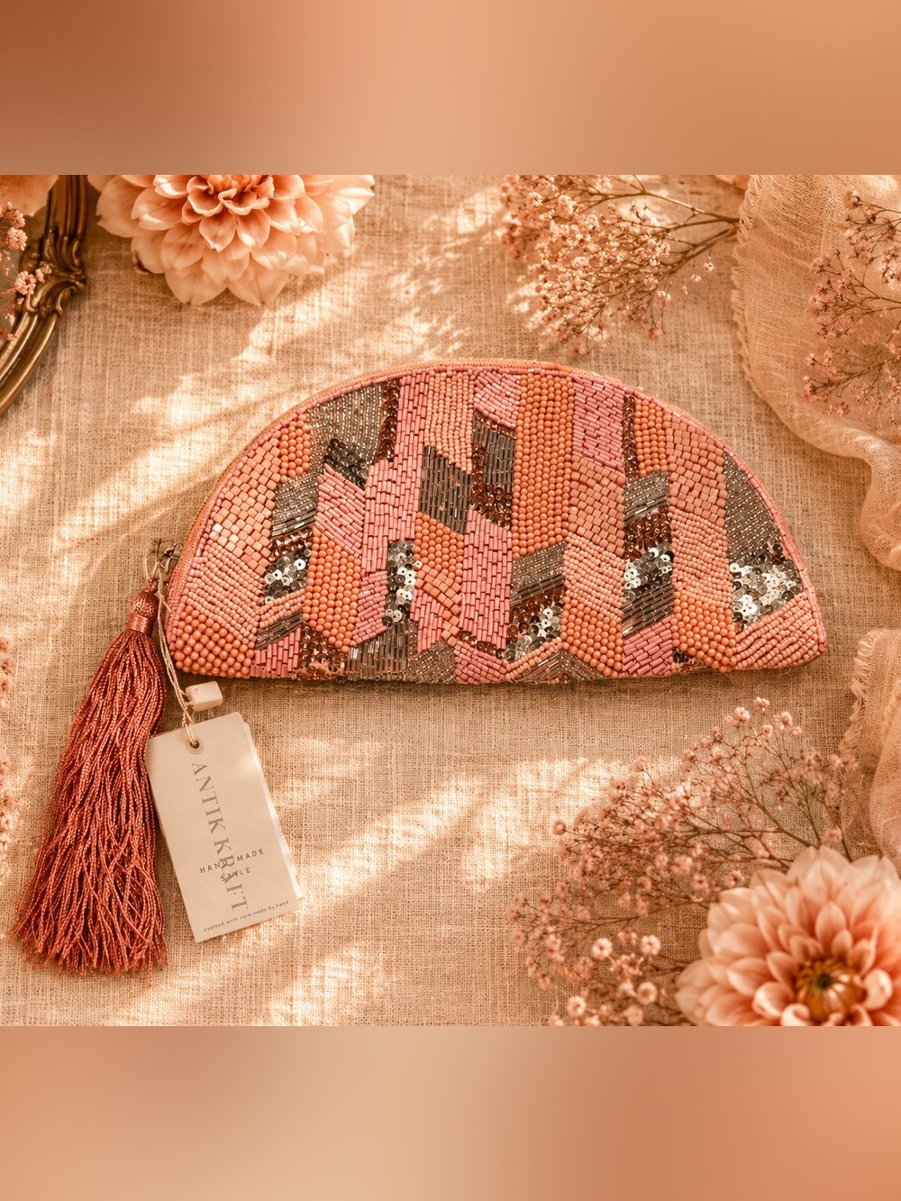 Antik Kraft Handmade Beaded Cosmetic Pouch | Coral Pink Sequin Zip Clutch | NWT